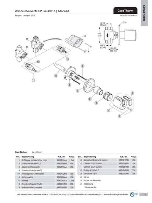 Schematische Darstellung eines UP-Ventils von Ideal Standard mit aufgelisteten Komponenten und Artikelnummern in einer exploded view.
